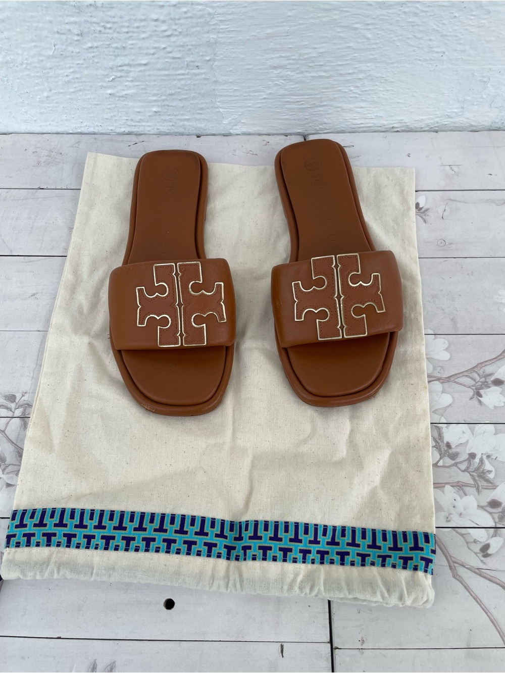 Tory Burch Tan Leather Logo Slide Sandals